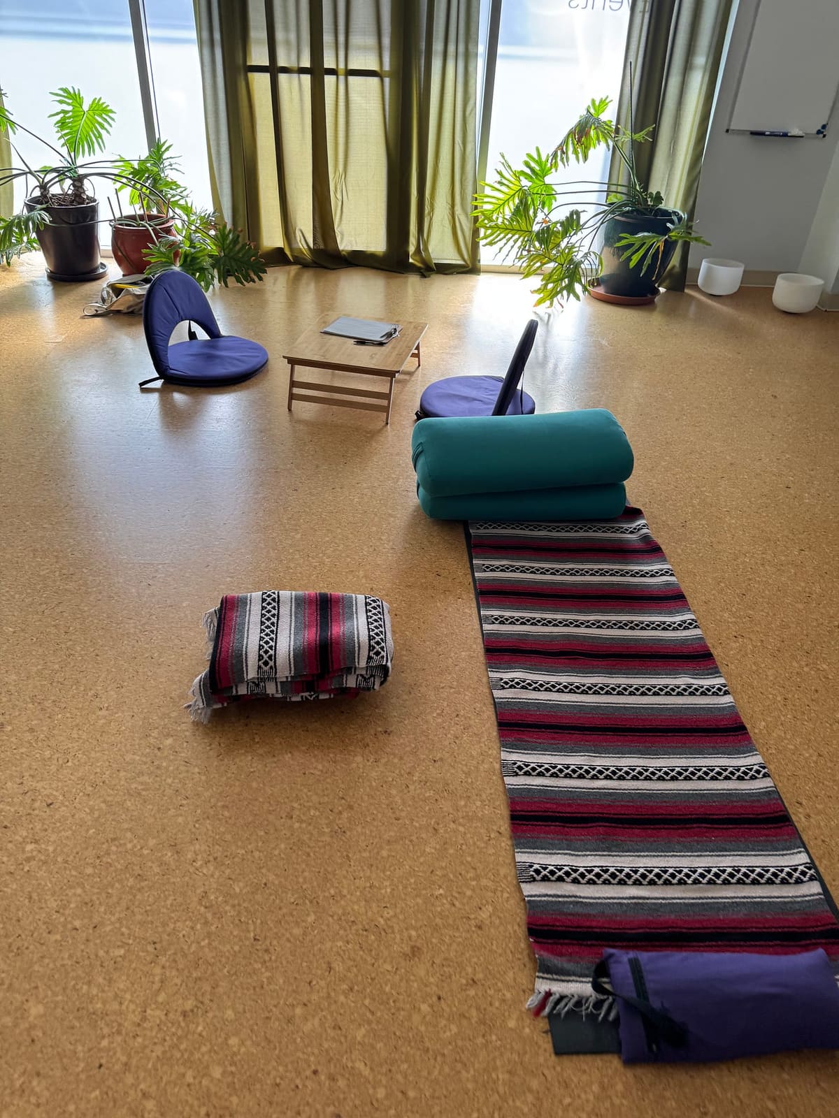 Teal bolsters and a folded striped blanket laid along a woven rug, with purple floor chairs and a low table by a plant-filled window